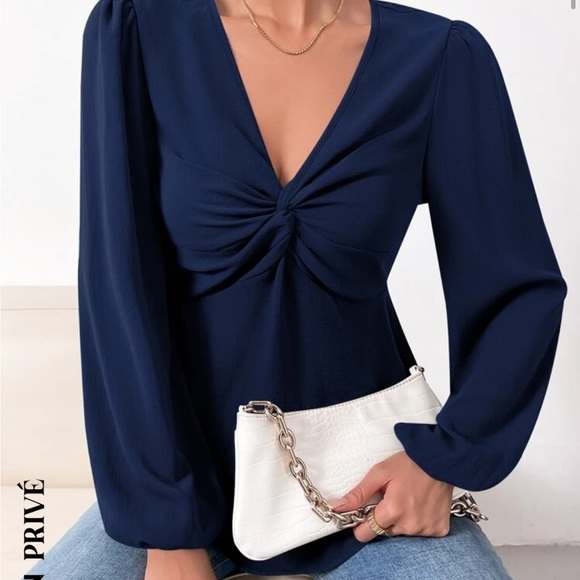 Blue front tie SHEIN blouse. Size L - Picture 1 of 2